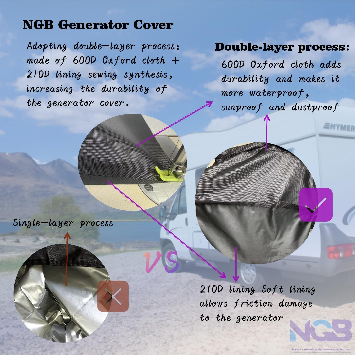 NGB Generator Cover 24.8"L X 20.2"M X 21.7"H for 3700-7250W Inverter Generators Made of 600D+210D Double Layer Heavy-Duty Waterproof Fabric with Visible Operating Window Generator Running Cover.&hellip; image number 4