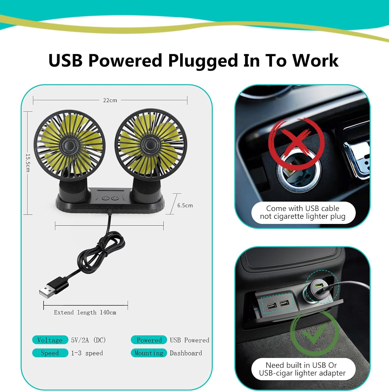 Reelau USB Car Fan for Driver, Dual Head 5V USB Car Cooling Fan for Central Console Super Strong Airflow Standing Desktop Fan Any Angle Adjustable Automobile Fan Vehicle Fan for Car Truck Van SUV RV image number 3