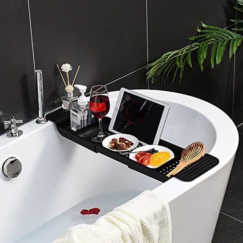 Expandable Drain Bath Shelf Caddy Tray,Clear Plastic Anti-Slip Bath Tub Shelf Caddy Tray,Multifunctional Plastic Bathtub Tray Bathtub Storage Rack for Candle Towel, Book, Wine, Phone, Shower (Black) image number 2