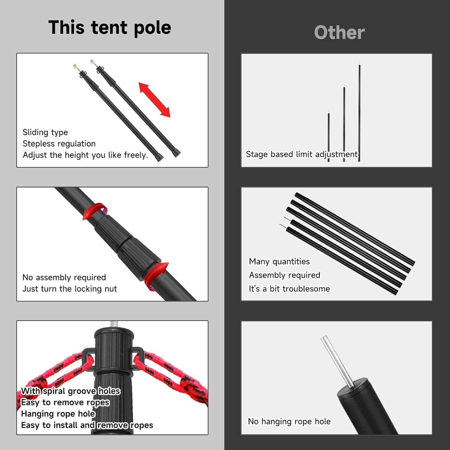 KOMCLUB Telescoping Tarp Poles | Adjustable Tent Poles Stepless Height Adjustment 97-245Cm Retractable without Assembly, Outdoor Camping Storage Bag Included