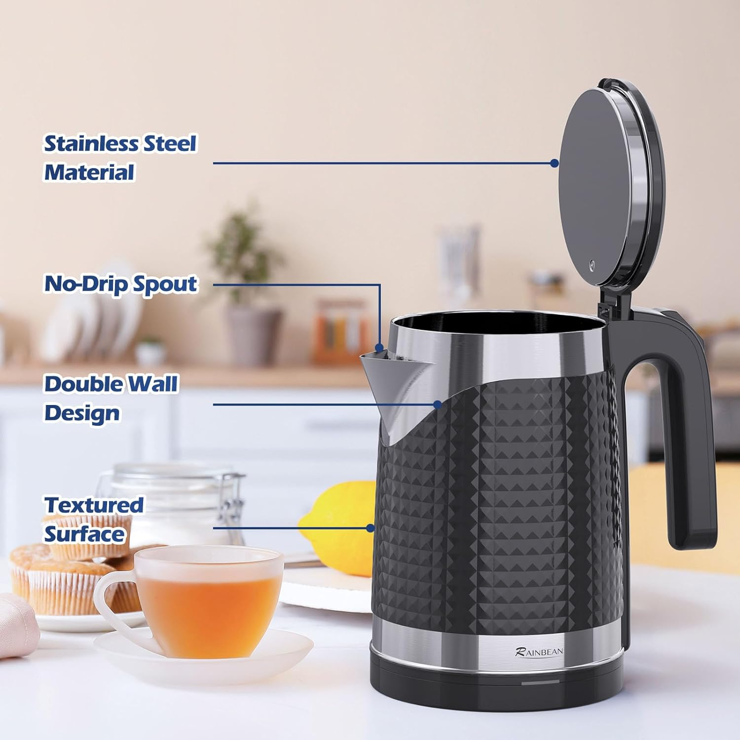 RAINBEAN Electric Kettle Water Boiler, 1.8L Electric Tea Kettle, Hot Water Boiler, Auto Shut-Off & Boil Dry Protection