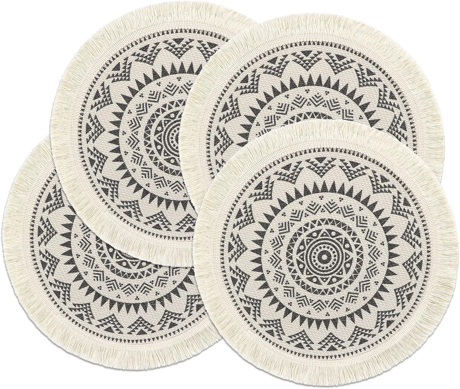 LOMOHOO Set of 6 round Placemats 13 Inch Table Mats Boho Cotton Woven Mandala Tassels Heat Proof Washable Circle Place Mat for Kitchen Dining Wedding Farmhouse Home Decoration