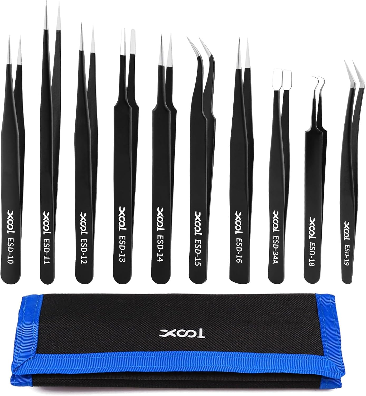 Precision Tweezers Set, XOOL 10 PCS ESD Tweezers Set, Anti-Static Stainless Steel Tweezers Kit, Multi-Standard Stainless Steel Tweezers for Lab, Electronics, Jewelry and Detailed Work image number 3