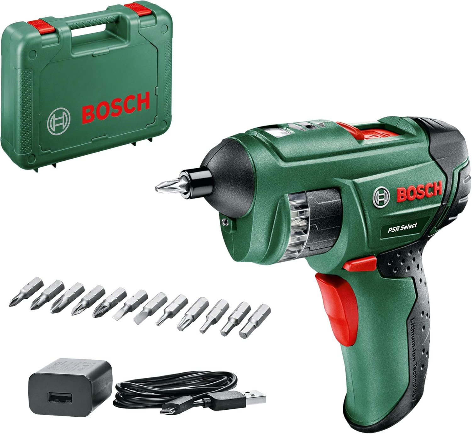 Bosch Home & Garden 3.6V Cordless Electric Screwdriver Gun with 12 Screwdriver Bits & Case (PSR Select). Made in Europe