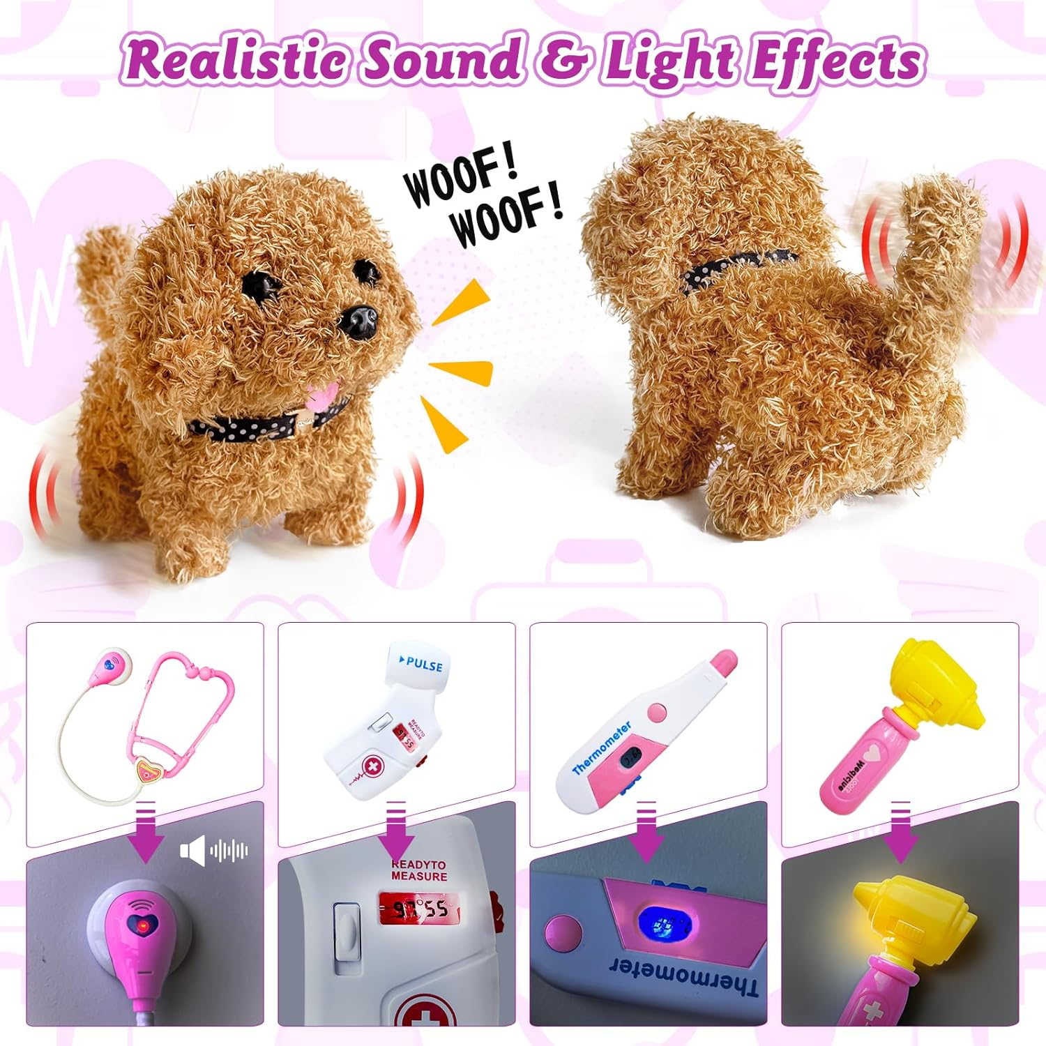 PELOSTA 34PCS Doctor Kit for Toddlers 3-5, Pretend Play Doctor Play Set with Dog Toy, Doctor Costume, Carrying Bag, Stethoscope, Dress up Toys for Girls Aged 3 4 5 6 7 8 (Pink) image number 5