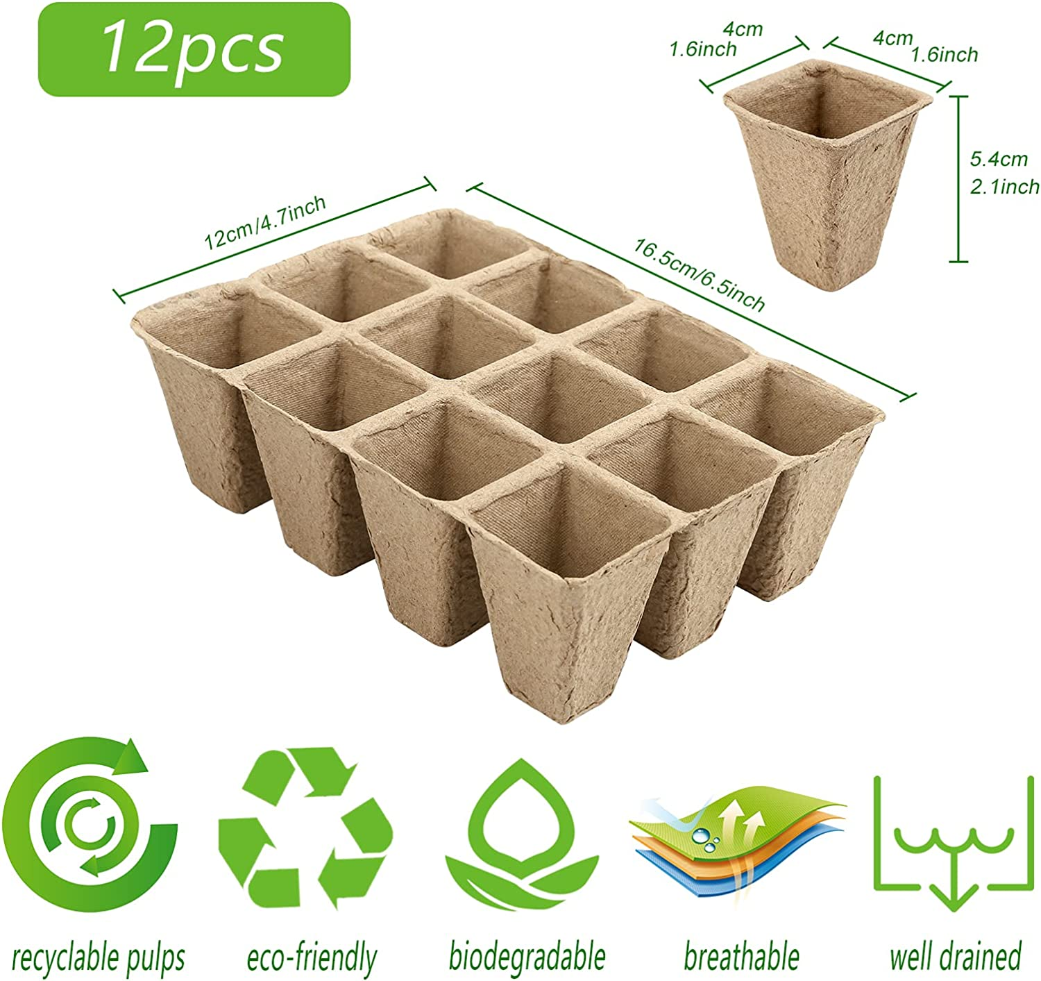GWHOLE 144 Cell Seed Starter Tray Kit 12PCS X 12 Cell Seedling Trays Paper Peat Pots Organic Plant Peat Pots Germination Seedling Trays for Organic Vegetables, Greenhouse Plants, Seed Nursery image number 1