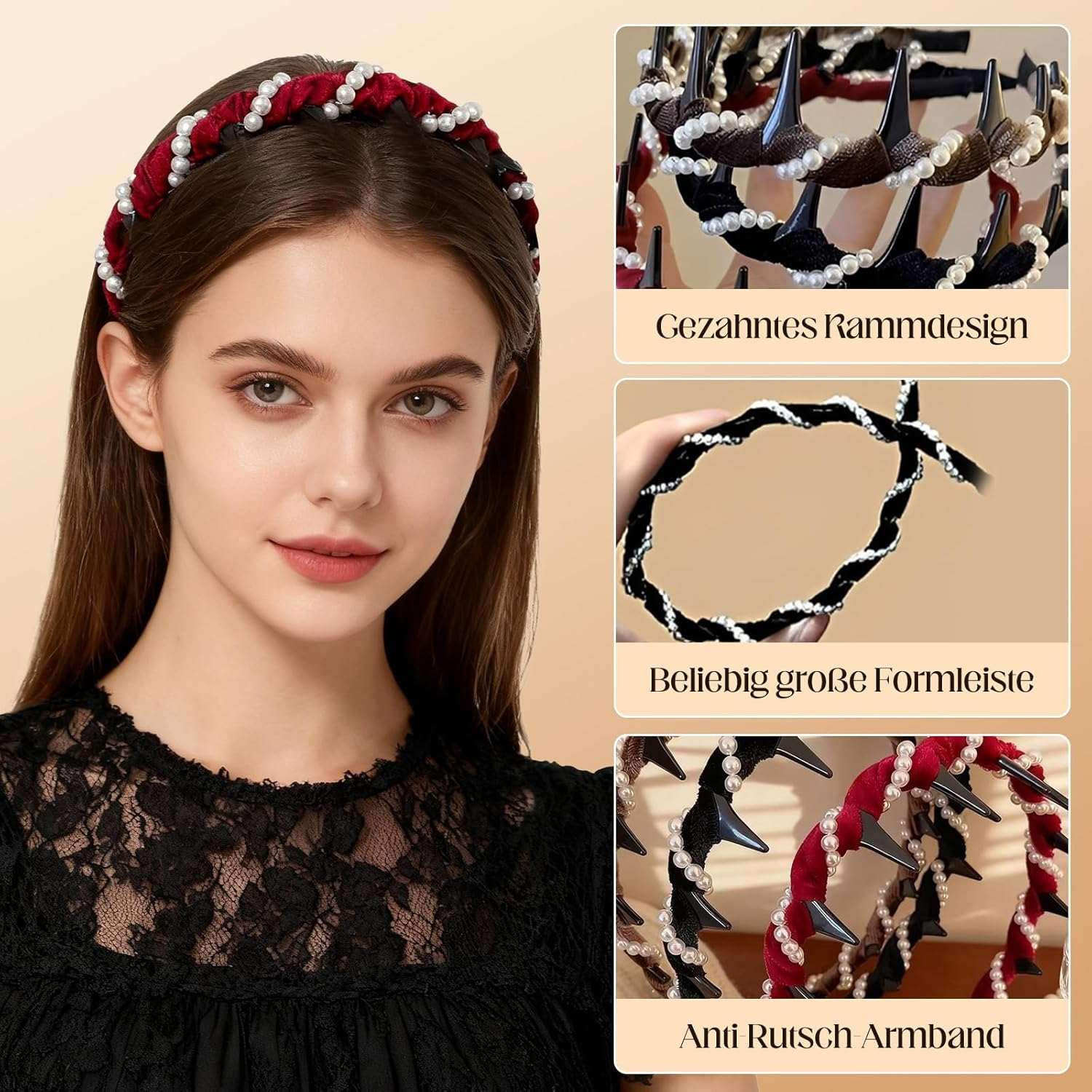 3Pcs High Updo Artificial Pearl Hairband, Fashion Headband Women, Grace Headbands for Rhinestones Bridal Hair Hoop, Birthday Party Valentine'S Day Gifts (Black/Red/Brown) image number 3