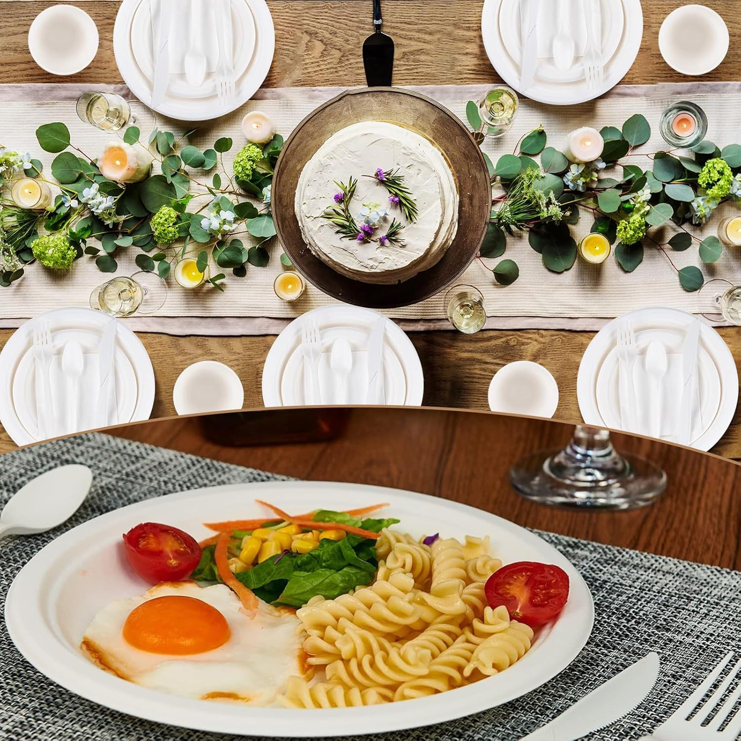 450PCS Biodegradable Dinnerware Set, Eco-Friendly Party Set for Party Supplies, Wedding, Anniversary, 7/9 Inch Plates, Napkins, Straw, Cups, Spoons, Forks and Knives (50 Guests) image number 2
