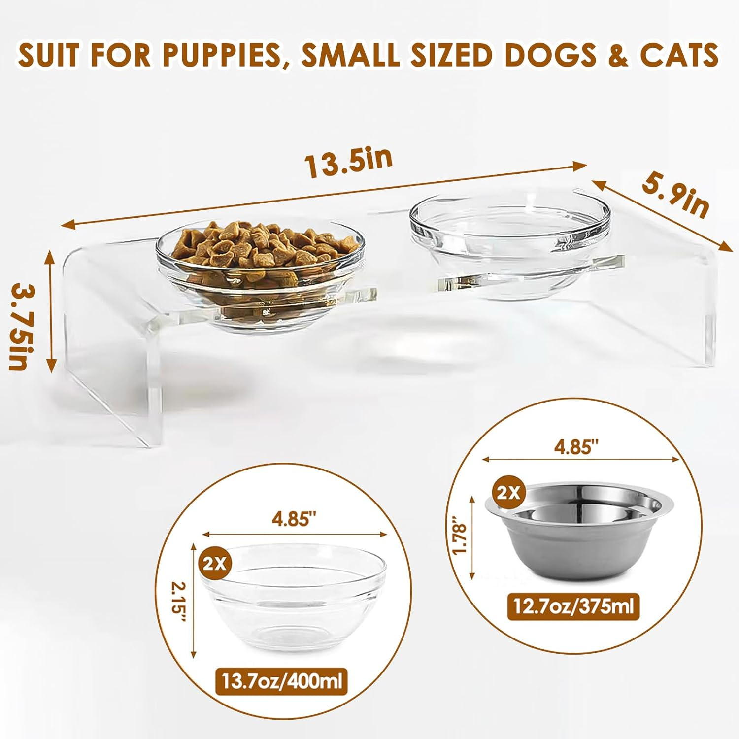 Acrylic Elevated Dog Cat Bowls Pet Feeder Double Bowl Raised Stand Comes with 2 Removable Glass Bowls and 2 Stainless Steel Bowls.Perfect for Cats Puppies Small Dogs image number 1