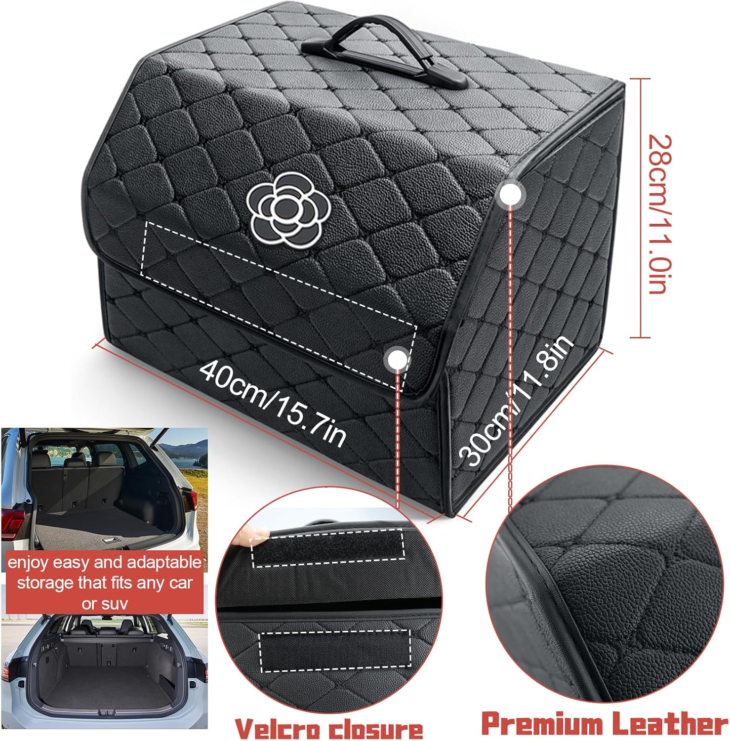 Car Trunk Organizer with Handle, Leather Multipurpose Car Cargo Boot Organiser, Collapsible Storage Box for Suvs & Sedans, Car Boot Tidy Organization for Car Accessories (Black-M)