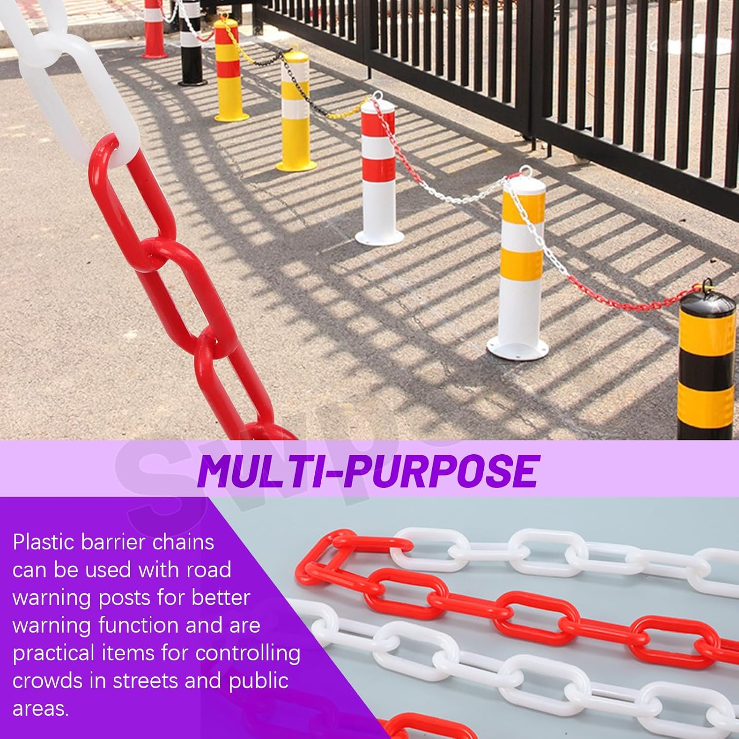Swpeet 21Pcs 5M X 6Mm Plastic Barrier Chain Red White Plastic Safety Chain Plastic Chain Links with S- Hooks Plastic Chain Barrier Safety Barrier Chain for Fence, Parking, Crowd Control, Queue Line