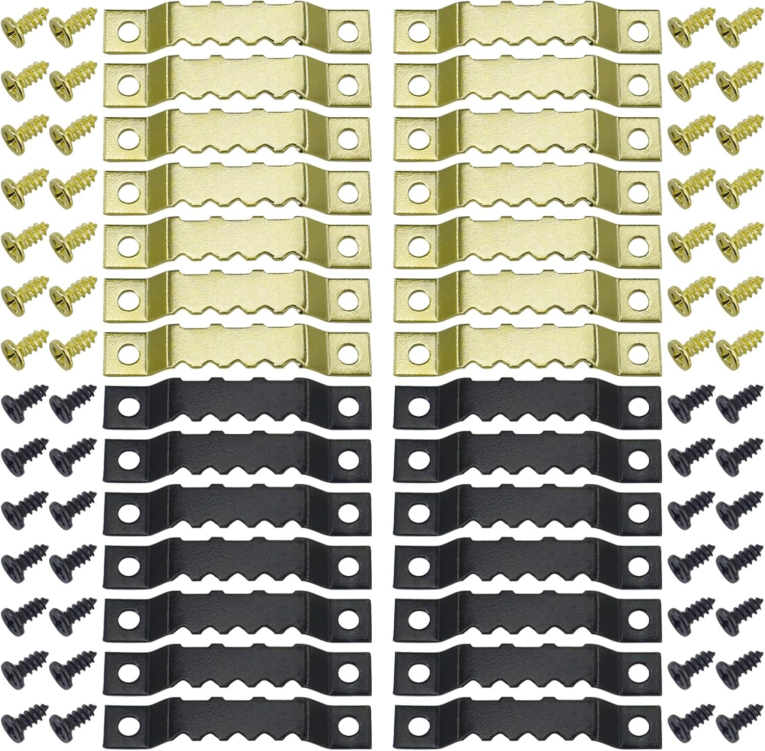SHRJ 240Pcs Sawtooth Picture Hangers Metal Central Pressure Groove Black and Gold Zigzag Frame Hanger with Screws for Hanging Heavy Picture Canvas Paintings Photos Frame Board Clock Artwork Clipboard image number 1