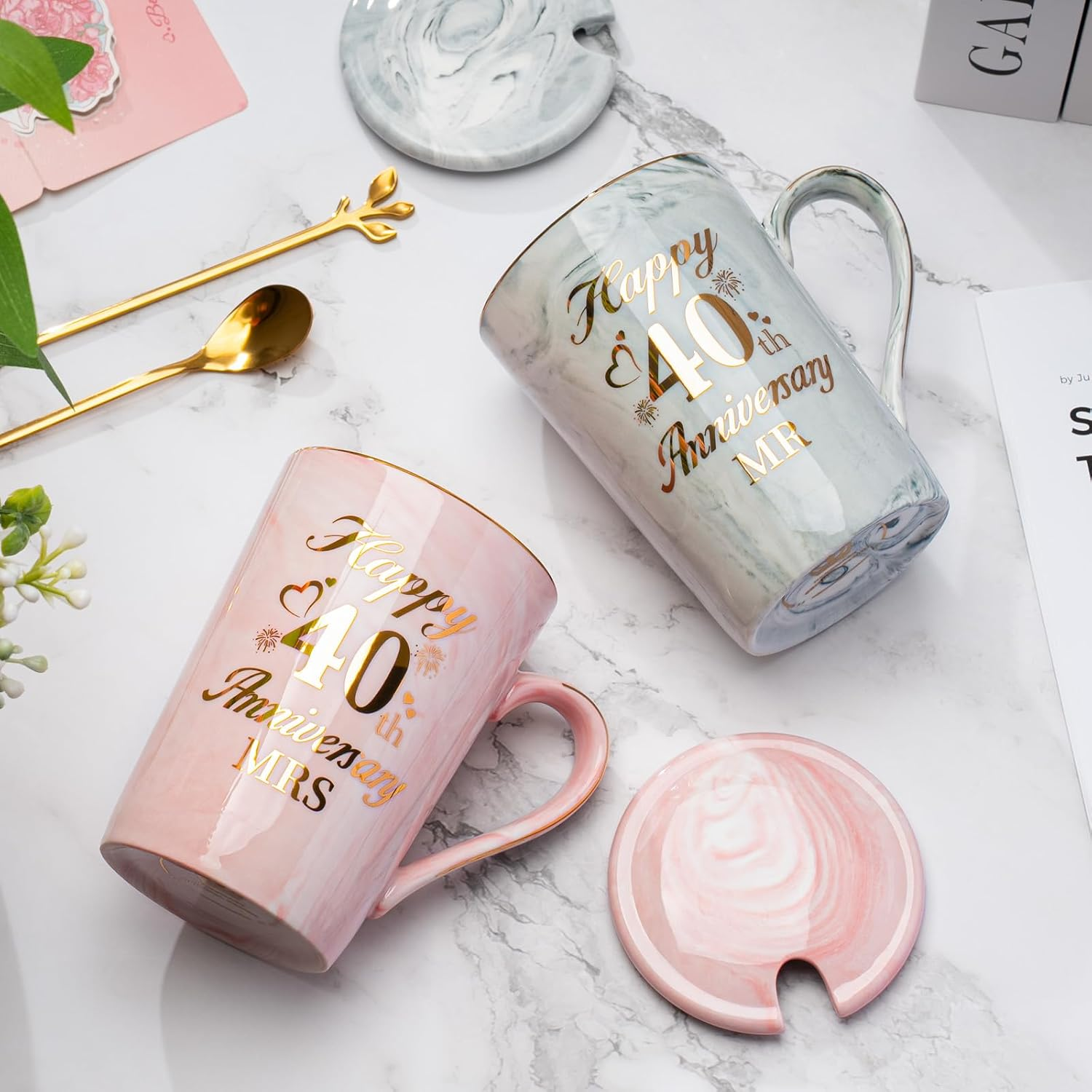 Ruby Anniversary Wedding Gifts, 40Th Anniversary Wedding Gift, 2PCS Happy 40Th Weddin-G Anniversar-Y Mr Mrs Gift Marble Ceramic Cups Set 14Oz, Ruby Anniversar-Y Couple Gifts for Parents, Grandparents - 20Th image number 5