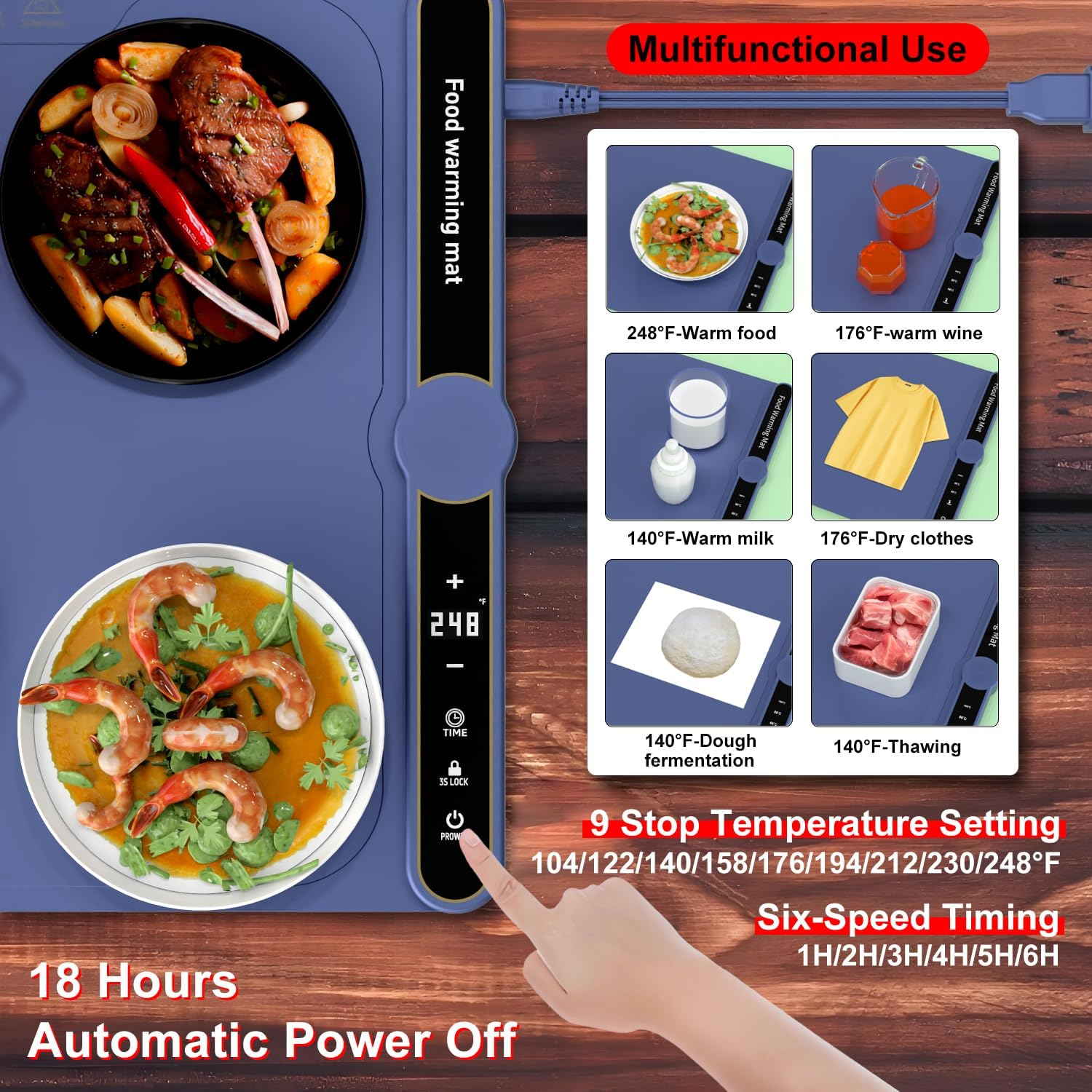 XXL Large Food Warming Mat,Electric Warming Tray with 9 Gear Temperature Controlled and 6 Gear Timed,Auto Shut-Off,8S Full Surface Heating,Rollable & Portable Heating Tray for Party (Blue, XXL) image number 4