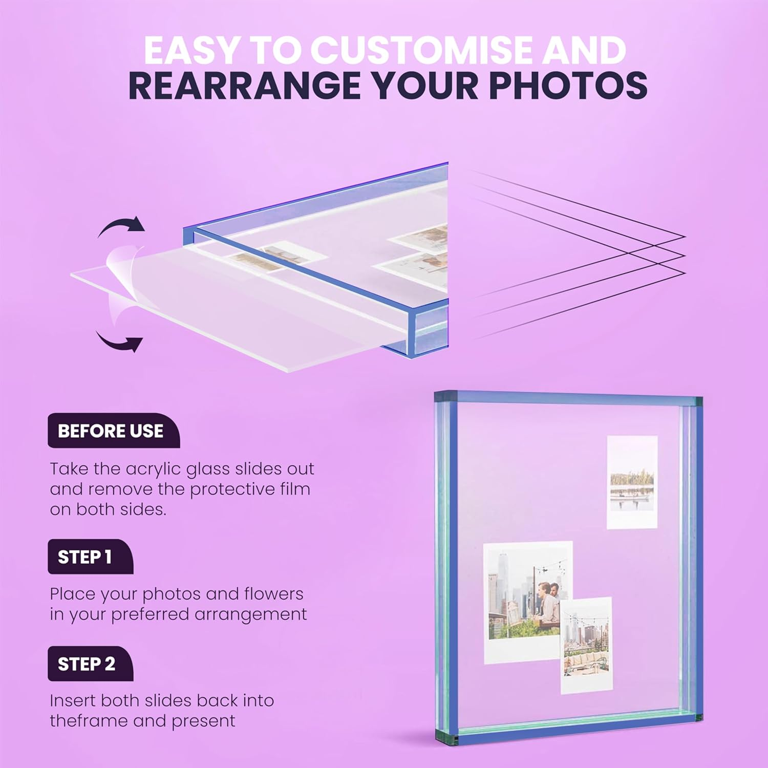 Elil Blue Polaroid Frame for Fujifilm Instax Film 21.08 X 19.3 Collage Frame Family and Wedding Picture Frames Double Glass Acrylic Floating Frame