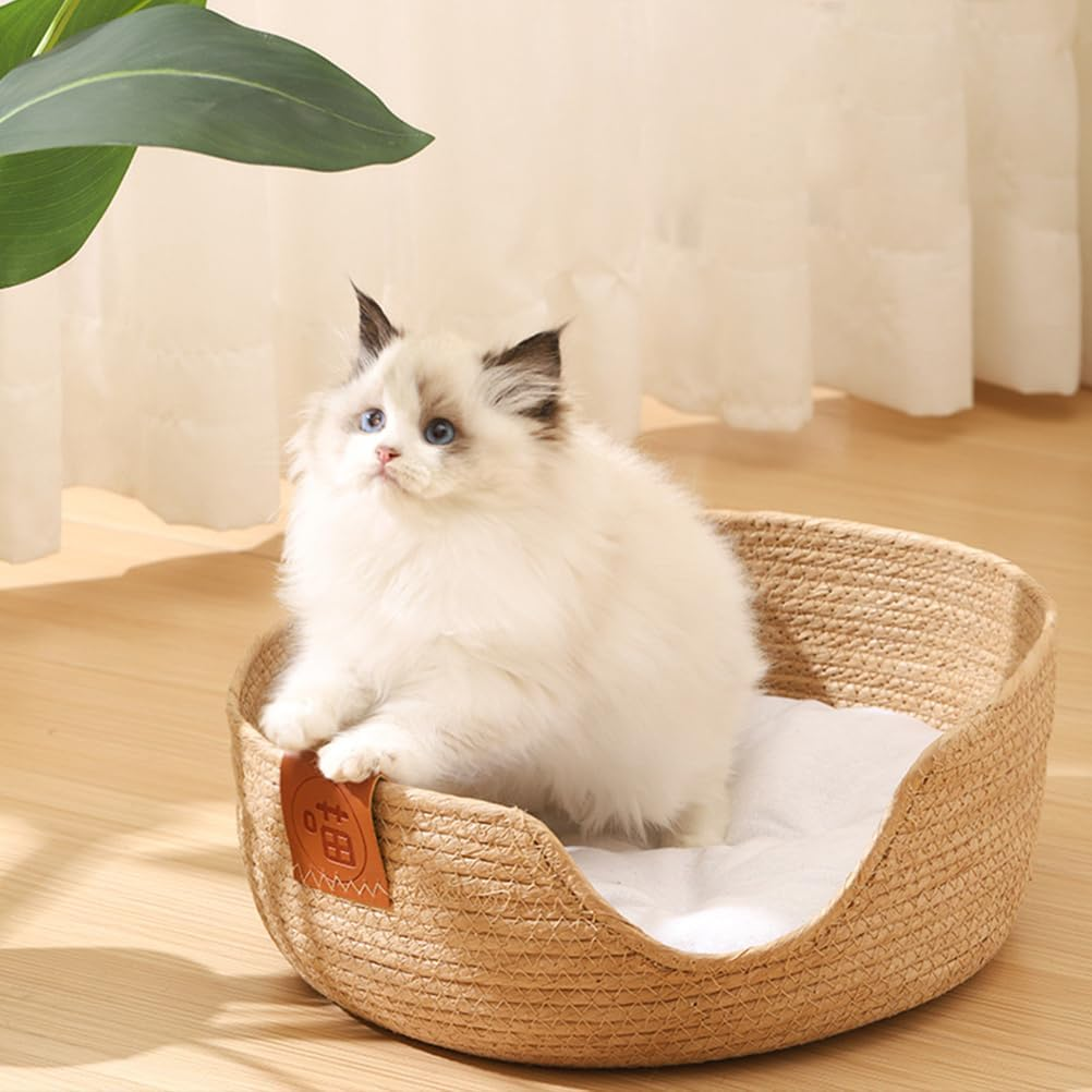 Cat Beds for Indoor Cats :Bed Cat Sleeping Nest for Indoor Small Cats Kitten round Straw Woven Cat Bed with Removable Pad Semi-Enclosed Breathable Basket image number 2
