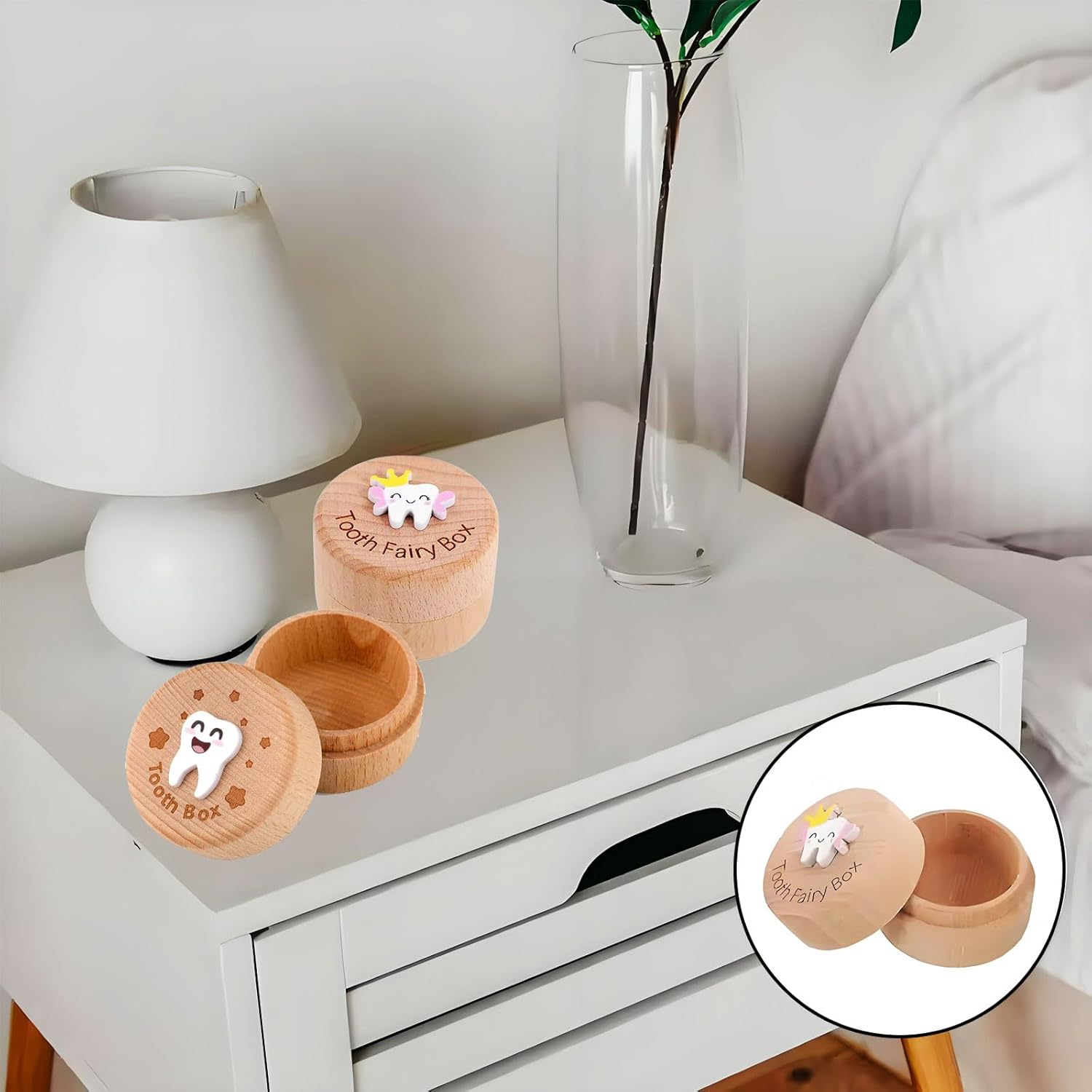 MYTOAU 2PCS Tooth Fairy Box, 3D Carved Wooden Holder Cute Tooth Keepsake Box Storage Baby Saver Container Box for Boys Girls Birthday Baby Shower Gifts