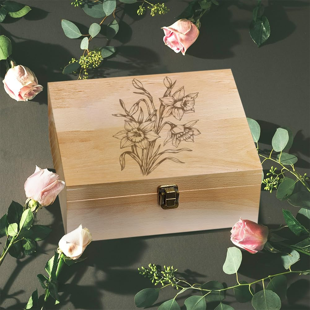 Arricraft 1 Pc Wooden Memory Keepsake Box, Sketch of a Daffodil Pattern Storage Decorative Memory Wooden Box with Hinge Lids for Photos Dvds Letters Holding 24.5X19.5X10.3Cm image number 1
