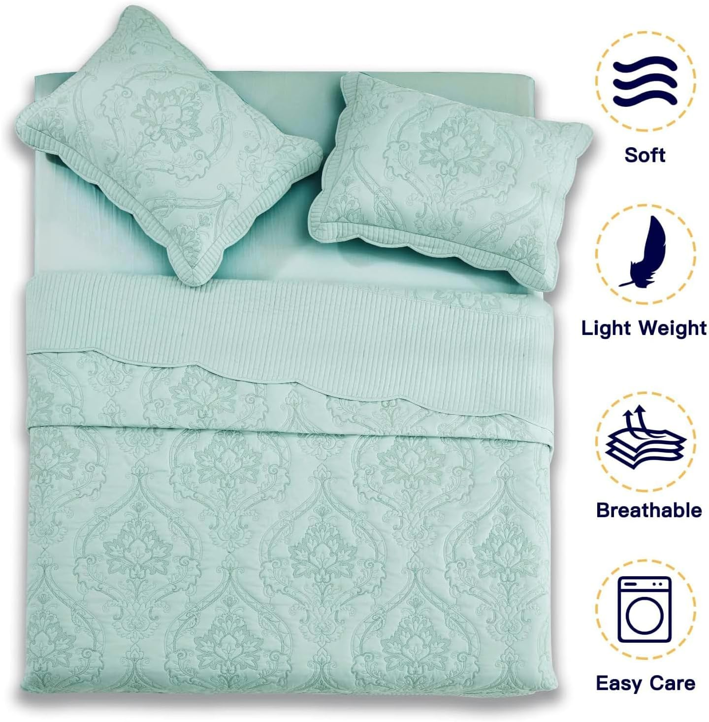 CHIXIN Oversized King Bedspread 128X120 Extra Wide - Lightweight Bedding Cover - Beautiful Stitching - 4 Piece Reversible Bedspread - Gorgeous Damask Paisley Pattern (King/Cal King, Seaglass) image number 5