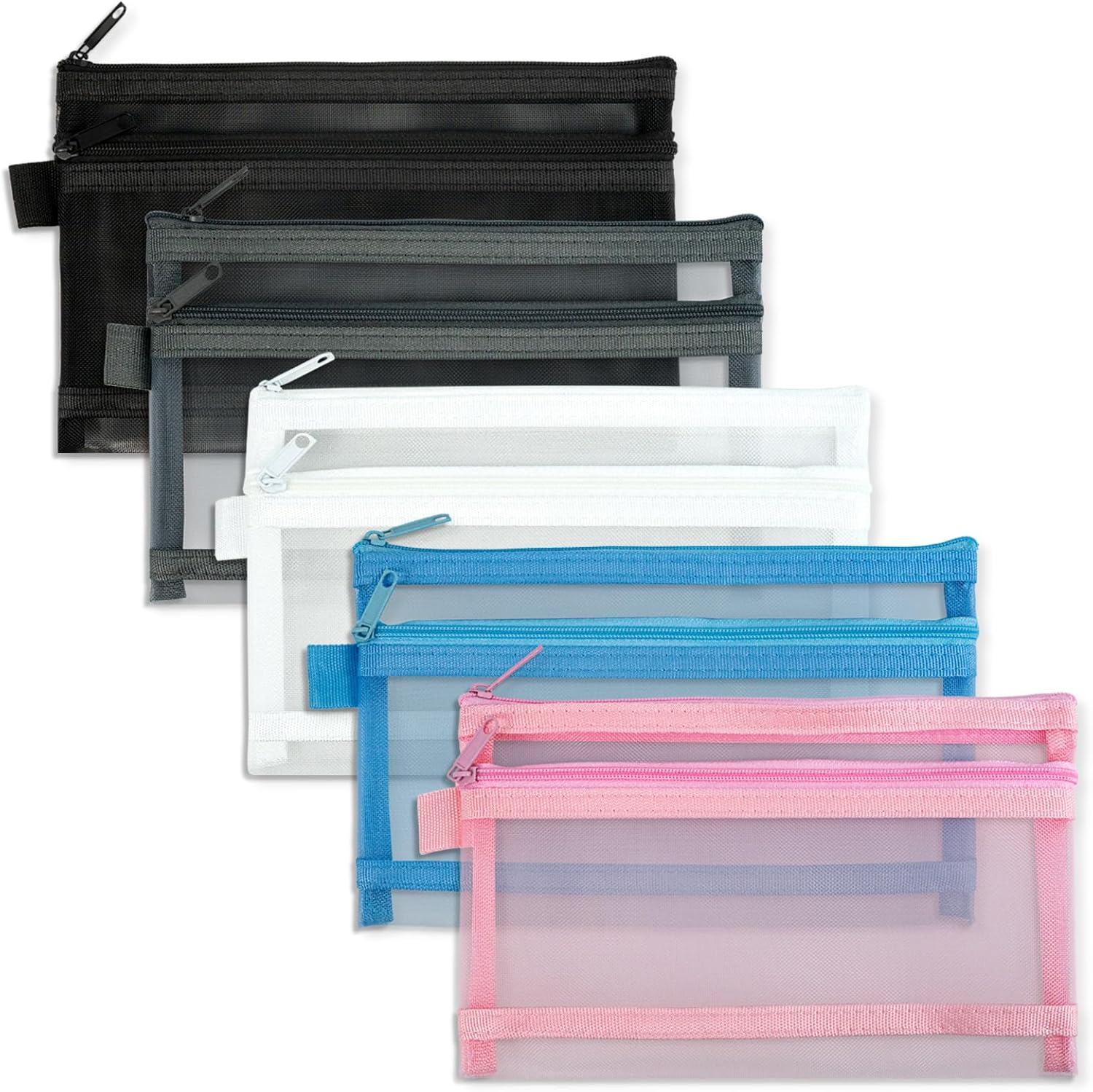 5 Pcs Pencil Case Pouch Pencil Case Large Capacity Zipper Mesh Pen Pouch Double Multifunctional Stationery Organizer Storage Bag for Office Supplies Cosmetics Makeup Travel Accessories (Multicolour) image number 2