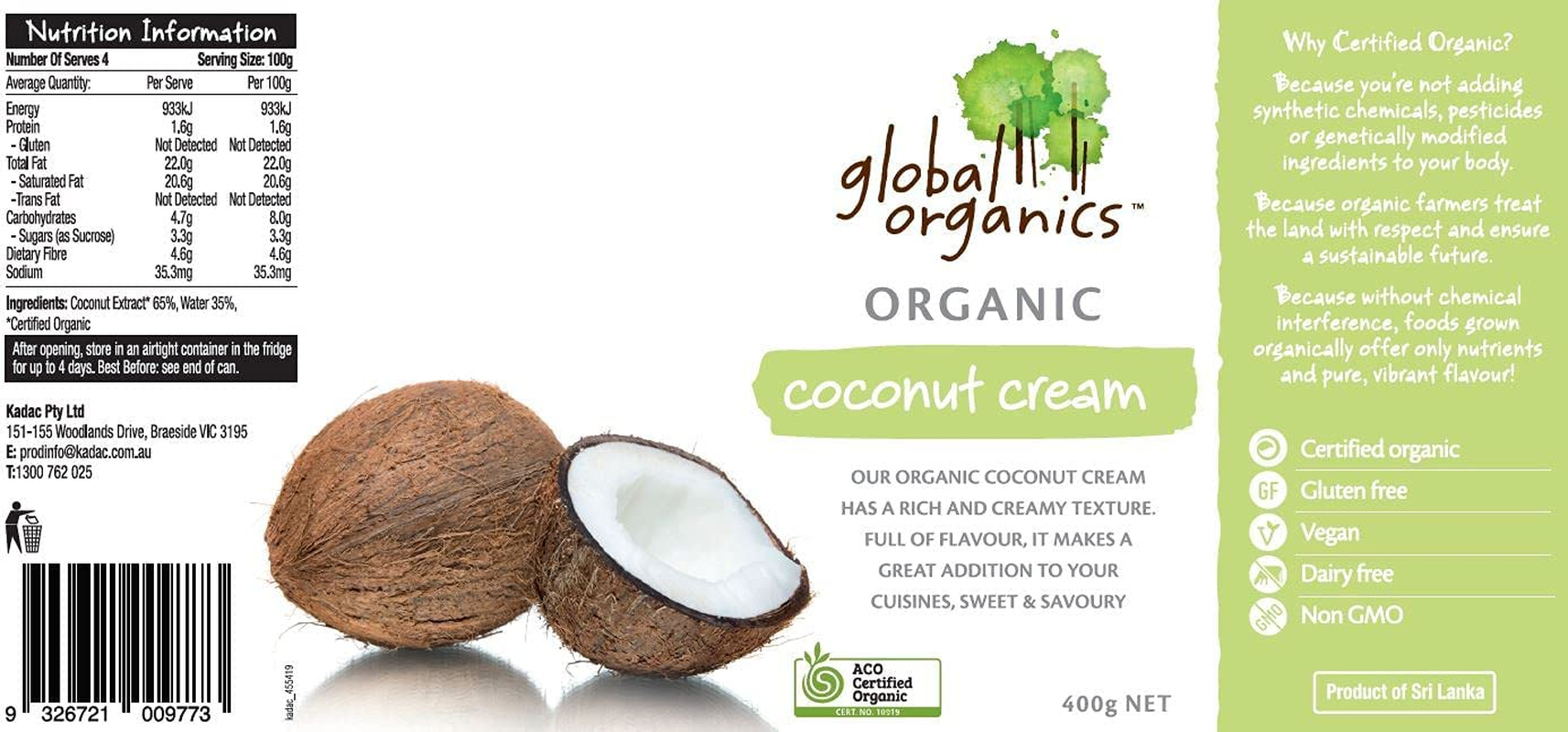 Global Organics Coconut Cream Can G/F 400 G image number 2