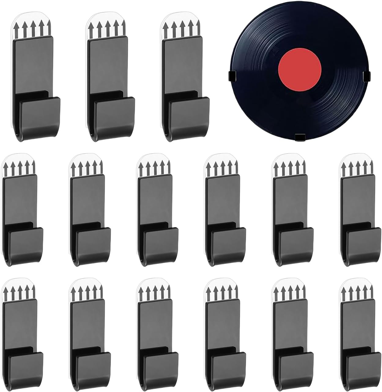Sgphrzlt 15 Pack Vinyl Record Storage Holder Wall Mount, Self-Adhesive Wall Record Display Shelf Hooks, No Screw Removable Acrylic CD Album Hangers for Home Office Decoration, Clear