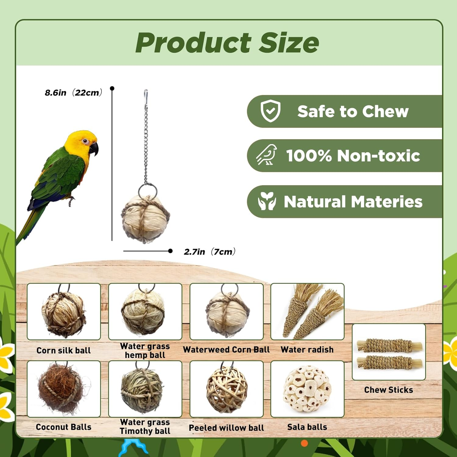 SUSOO 9-Pcs Natural Bird Chew Toys Set, Safe Hangable Shredding Foraging Toys with Sola Balls, Rattan & Corn Vines for Parrots, Parakeet, Budgie, Conure, Love Birds, Cockatiel and Small Pets image number 5