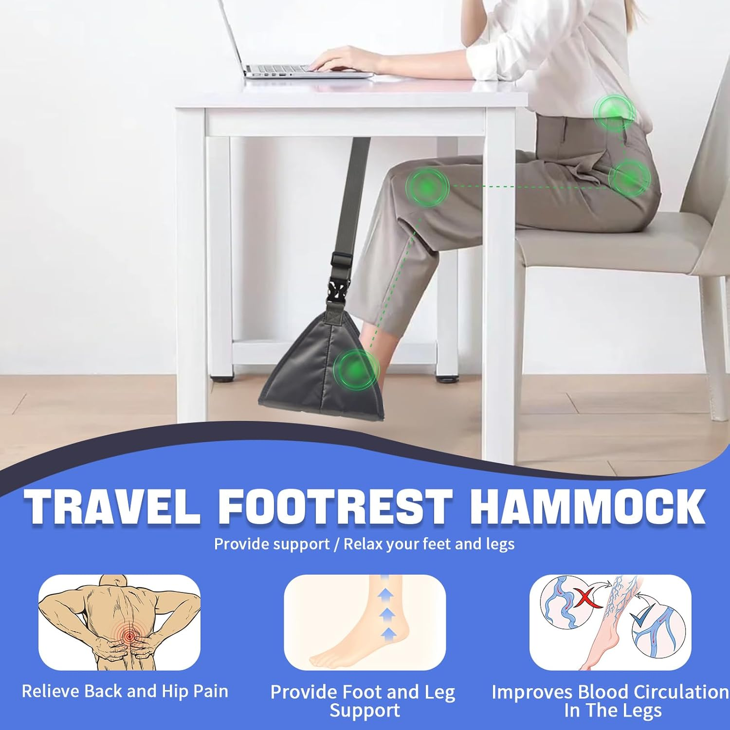 Portable Airplane Footrest with Stable Base - Adjustable Travel Foot Hammock Prevents Leg Clashing, Carry-On Essentials for Flight, Train & Office Use (Grey) image number 3