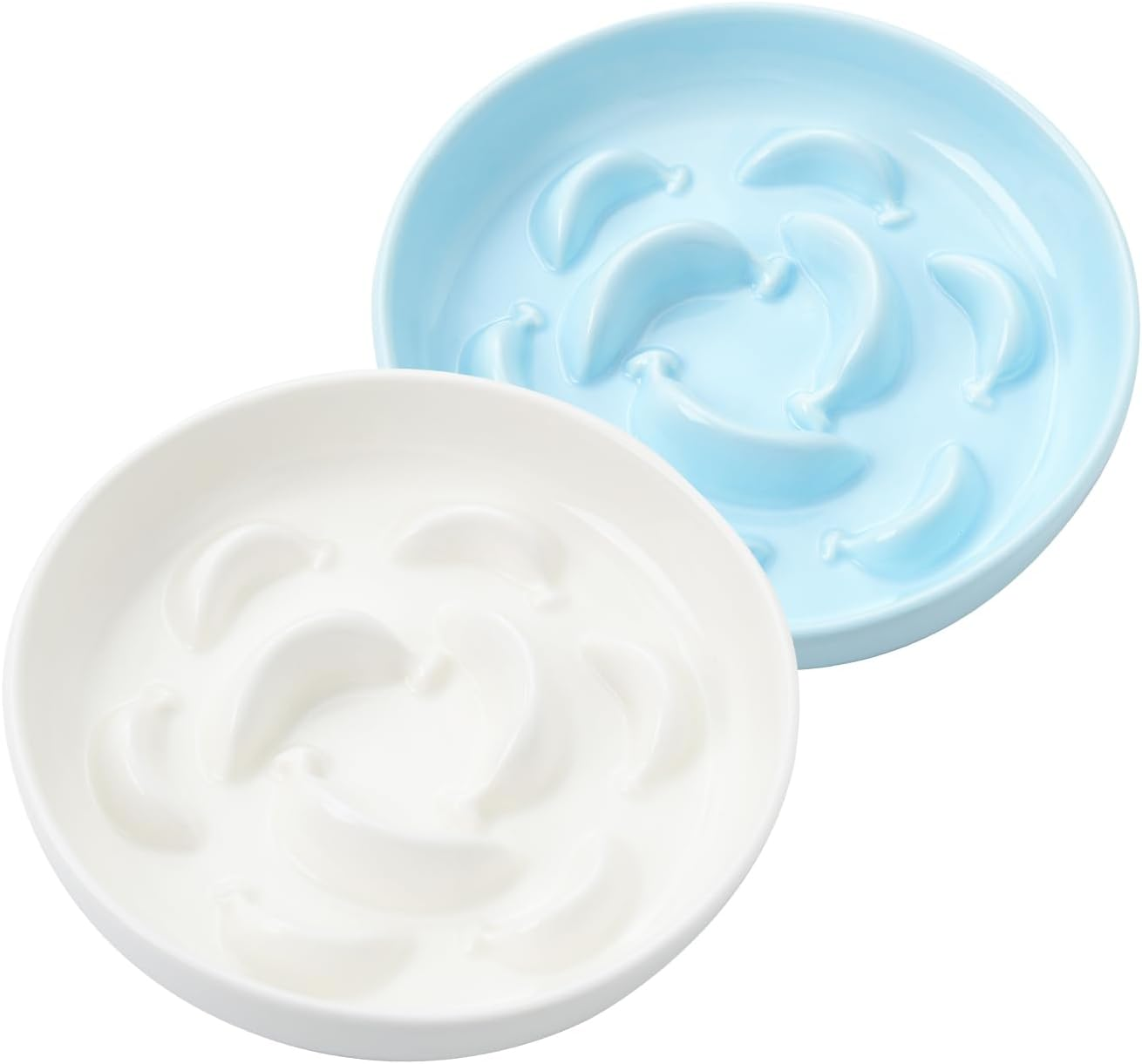 Cat Slow Feeder Bowl Set - 2 Pcs Ceramic Cat Food Plates for Slow Eating - Double Cat Dish for Dry Wet Food - Slow Feeding Cat Bowls Whisker Friendly - Microwave and Dishwasher Safe - White and Pink