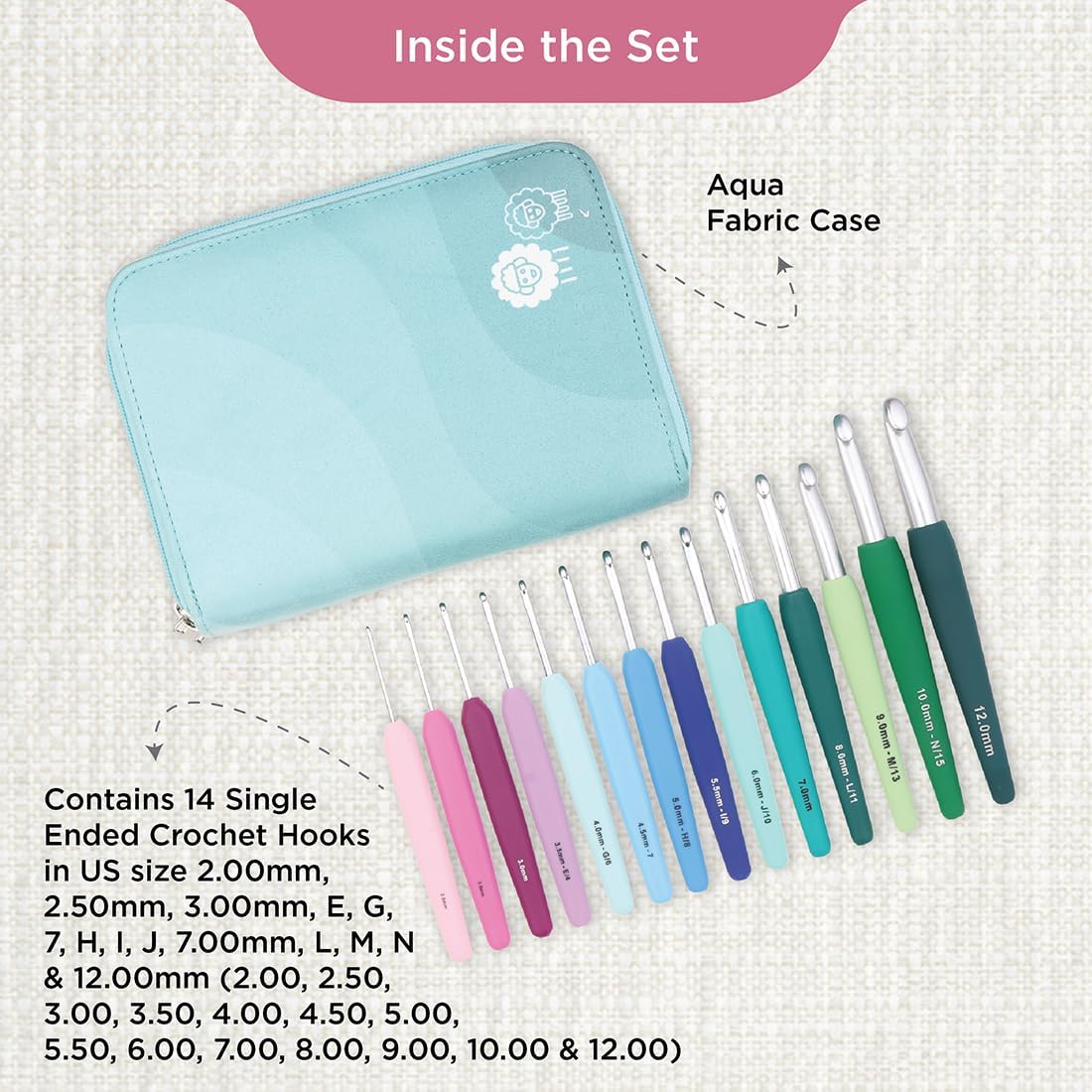 Knitpro Waves Crochet Hooks Set &ndash; 14 Hook Grande Gift Set, Sizes 2 &ndash; 12Mm, Ergonomic Soft Handles, Soft Rubber Grip for Arthritic Hands, Light & Comfortable Crochet Needles for Knitting