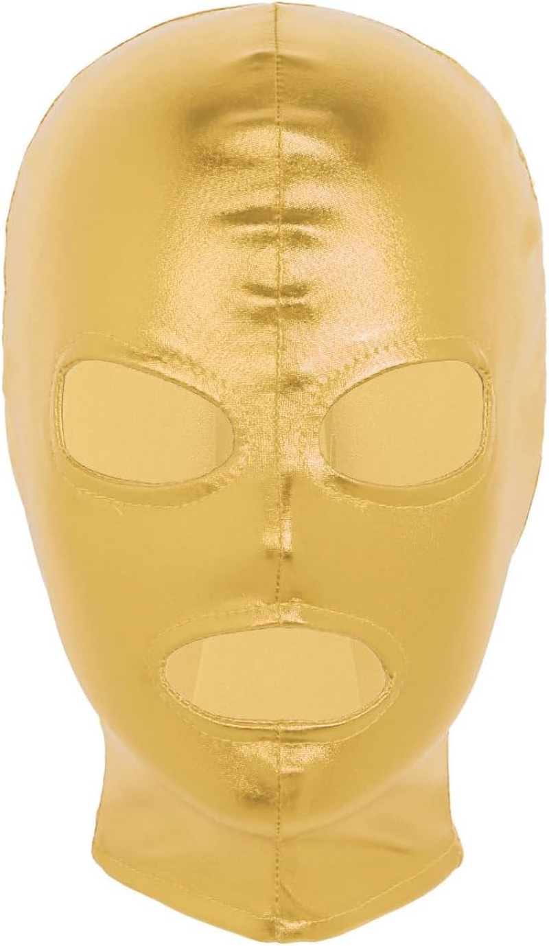 Unisex Adult Headgear Latex Smooth Metal Open Eyes Mouth Full Face Mask Hood Cosplay Clothing