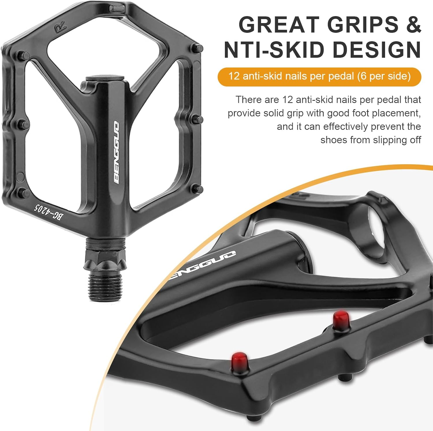 Bike Pedals, Mountain Bike Pedals, Aluminum Alloy Bicycle Pedals, 9/16" Sealed Bearings Road Bike Pedals, Lightweight Bicycle Flat Pedals with Anti-Skid Nails for Road Mountain BMX MTB Bike image number 4