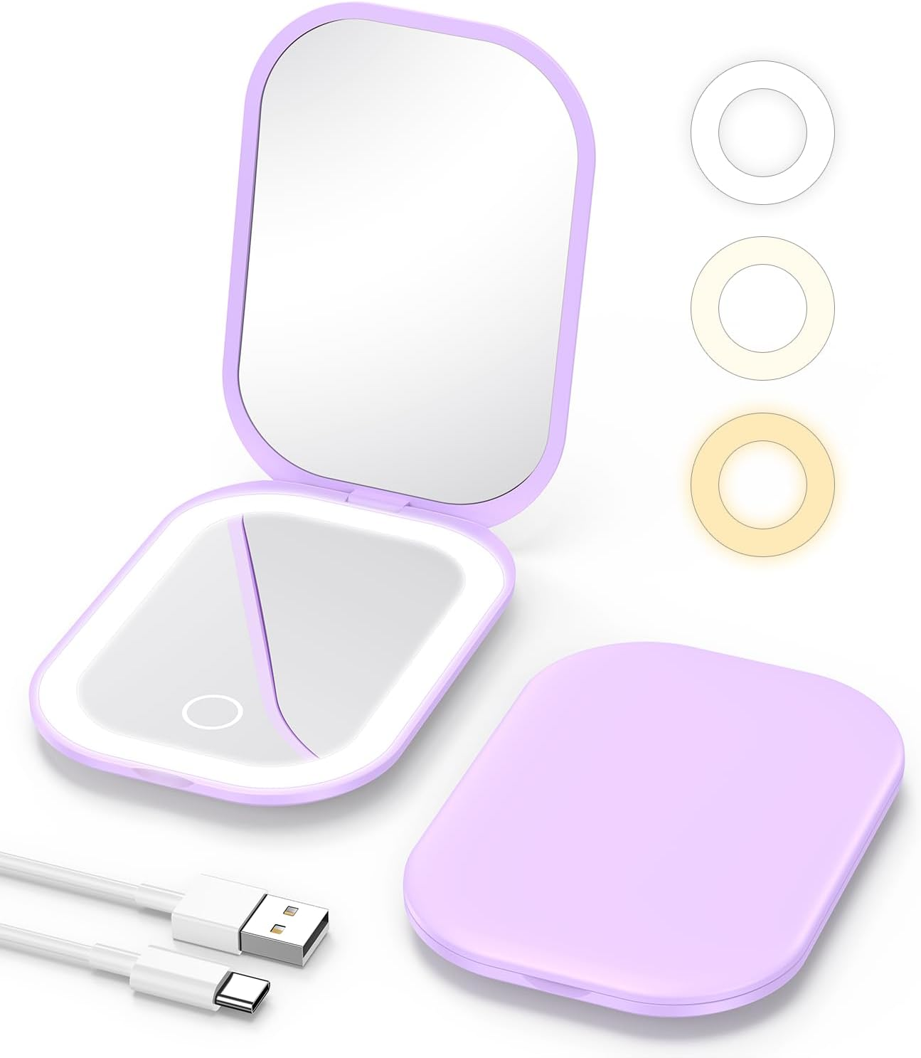 Gospire Lighted Compact Mirror with Light and Magnification 1X/3X, Stepless Dimming and Three-Color Adjustable Lights, Rechargeable Battery and Compact Size for Purse and Travel -Purple - Green image number 2