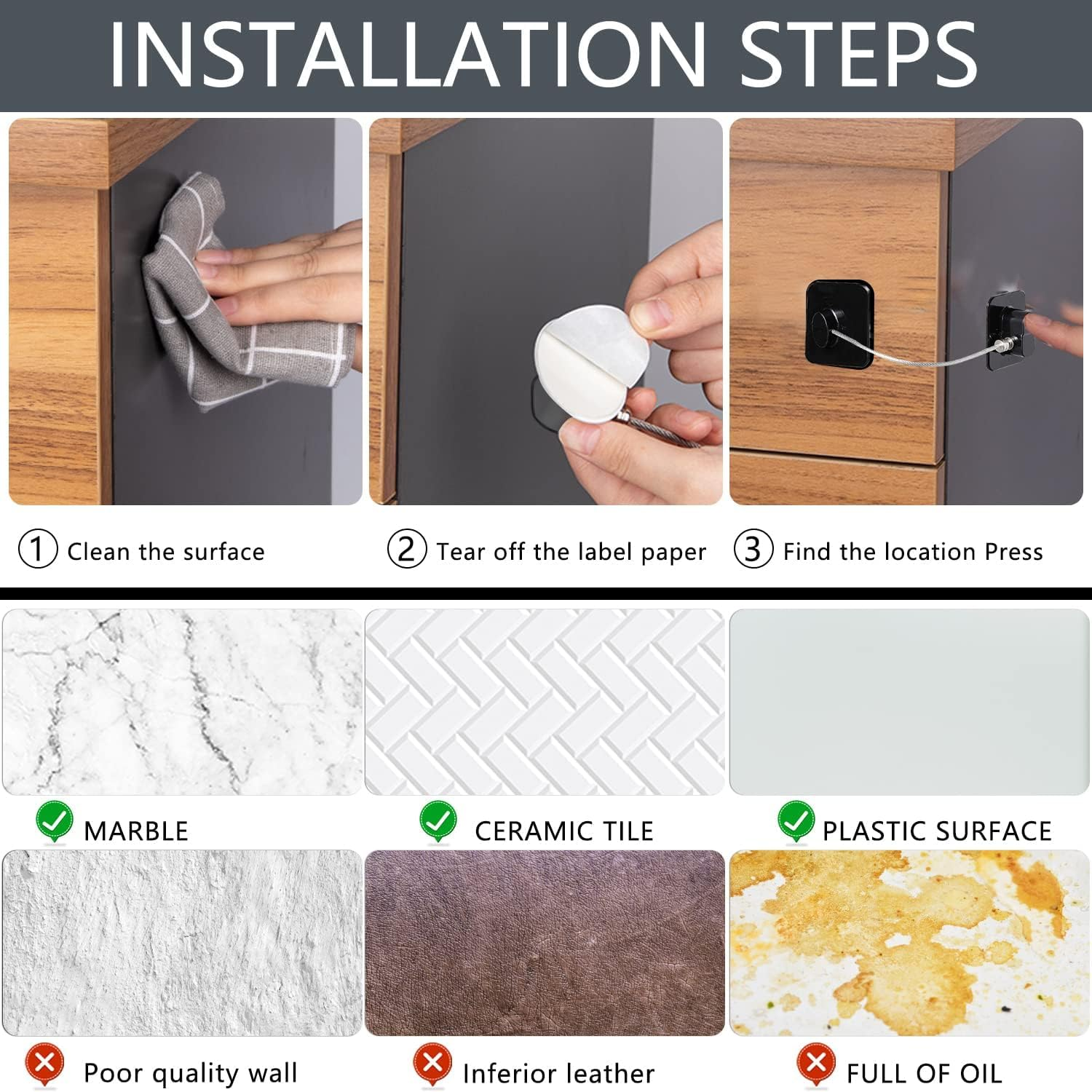 Fridge Lock,H HOME-MART Refrigerator Door Lock with Two Keys,Freezer Lock and Child Safety Cabinet Lock with Strong Adhesive for Cabinets, Closets, Drawers, Window and More, Easy Install and Use (Black-2 Pack) - White-2 Pack image number 3