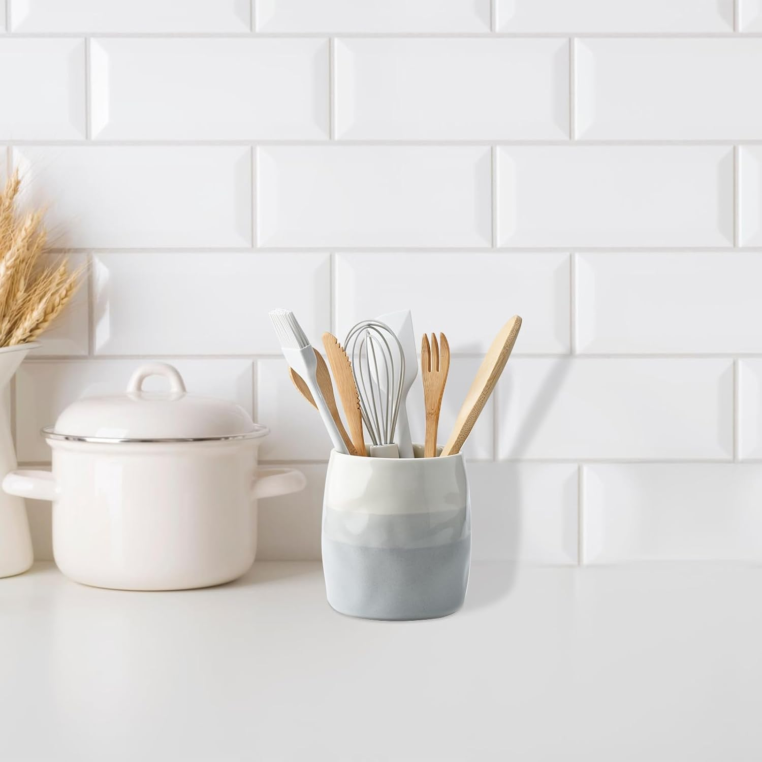 Yohyien Ceramic Kitchen Utensil Holder, Cooking Utensils Pot for Countertop Organisation, Cutlery Storage Jar for Spoons, Spatulas, Tableware, Cream and Grey Layered Design (S) image number 1