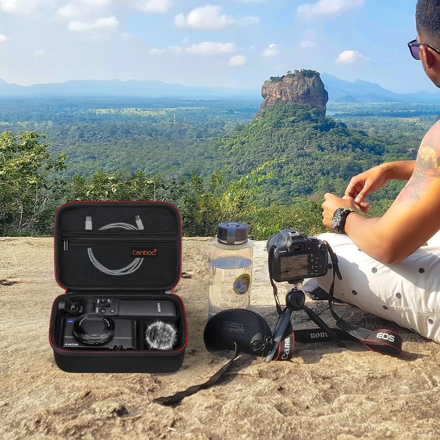 Canboc Carrying Camera Case for Sony ZV-1F/ ZV-1/ ZV-1II Vlog Digital Camera & Vlogger Accessory Kit Tripod, Travel Storage Bag with Strap, Mesh Pocket Fit Cable, Black (Case Only) - Pink image number 2