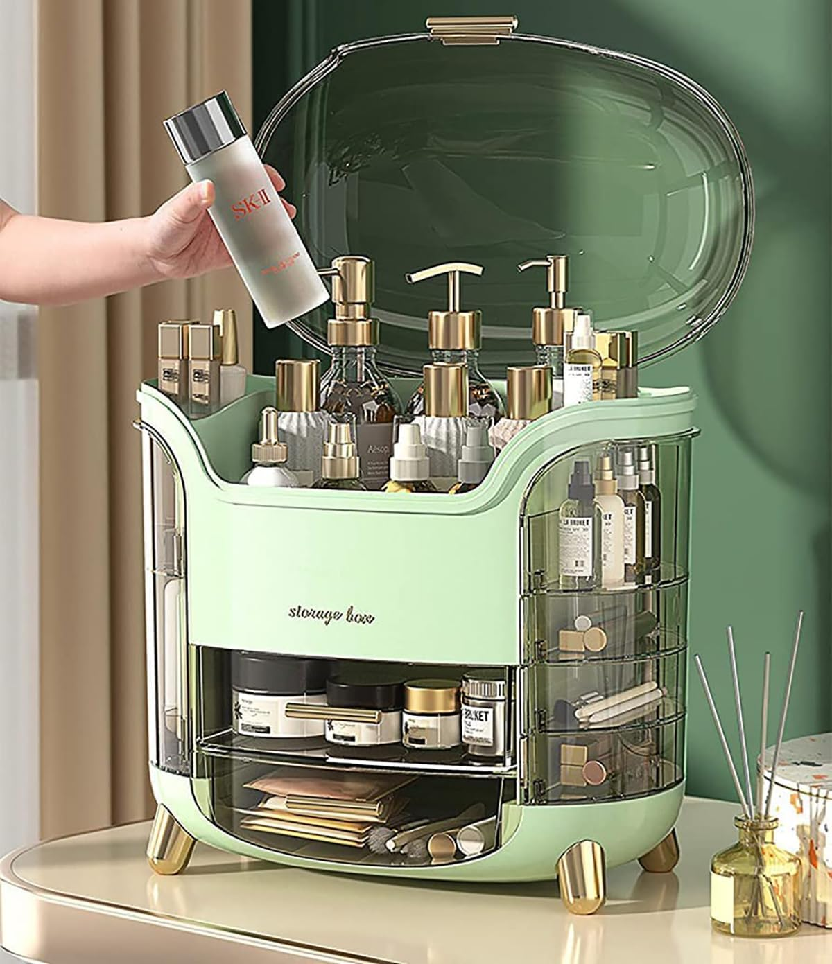 Makeup Organizer for Vanity, Portable Cosmetic Storage Box with Drawer and Transparent Lid, Dustproof and Waterproof Large Countertop Organizer Make up Holder for Bedroom, Bathroom Skincare (Green)