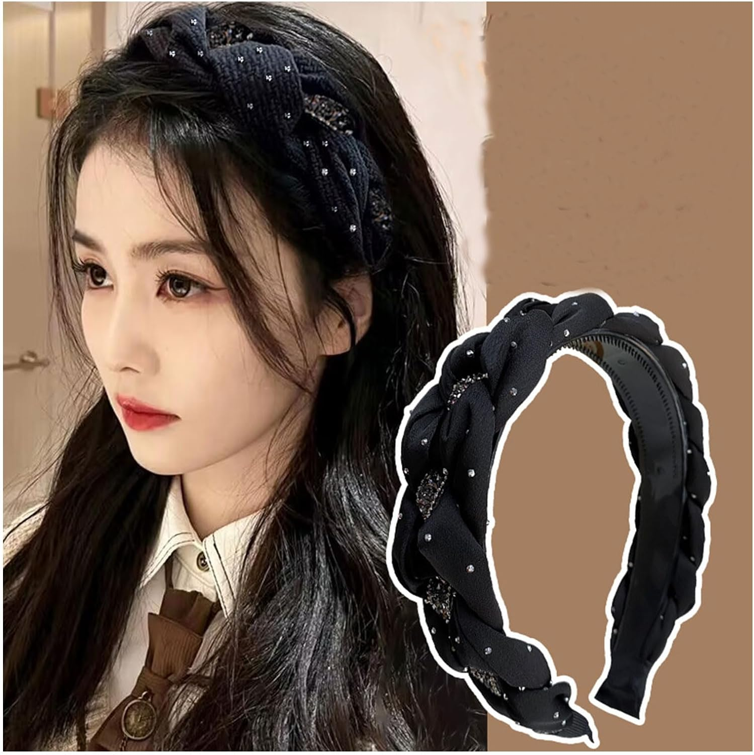 Twist Headbands for Women Rhinestone Braided Headband Women'S Headbands Non Slip Hairband Braid Hair Band Head Bands for Women Hair Accessories for Girls Black image number 1
