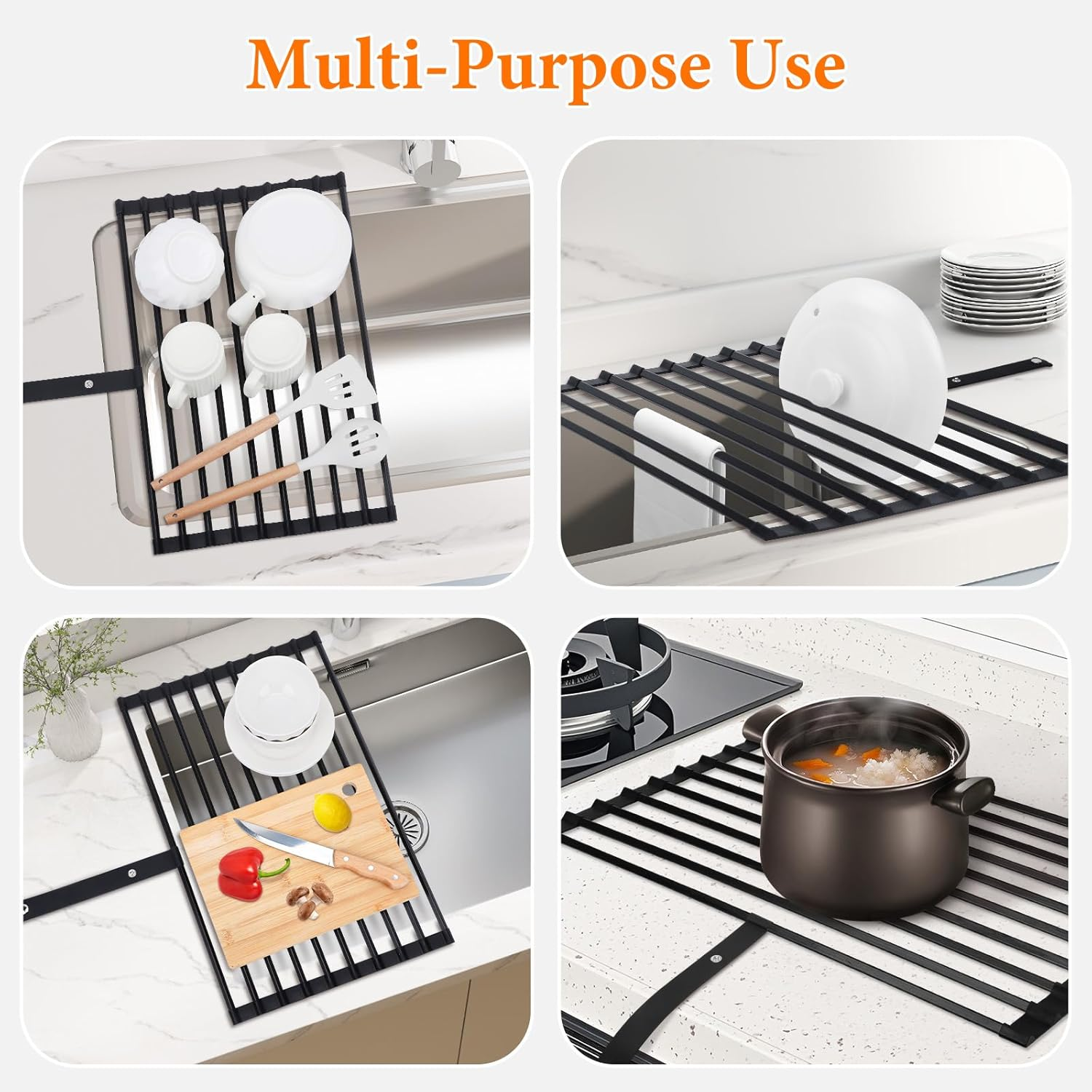 Euqvunn Roll Dish, Large Foldable Sink Drainer Mat Rack with Anti-Slip Silicone Edges and Strap, for Drying Plates, Bowls, Cups, 51X32Cm, Black image number 2