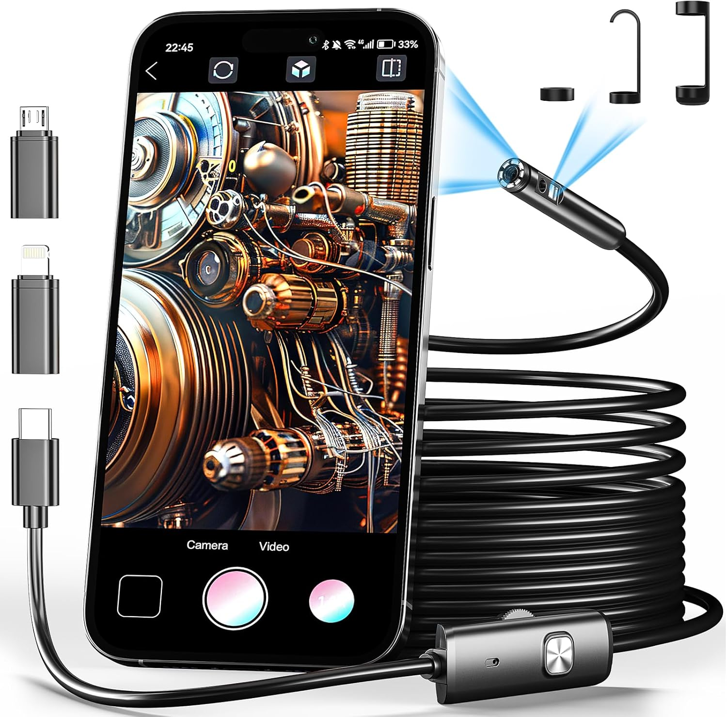 CARPDIM Dual-Lens Endoscope with 8+1 LED Lights, 1980P Borescope Inspection Camera, IP68 Waterproof, 16.5FT Semi-Rigid Snake Cord for Iphone, Ipad & Android