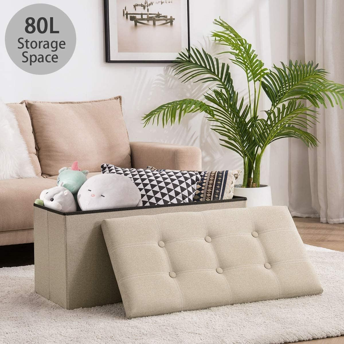 Mofish 15/30 Inch Folding Storage Ottoman Bench,Storage Chest Footrest Step Stool with Padded Seat for Bedroom Hallway Living Room, End of Bed Storage Seat, Linen Fabric image number 3