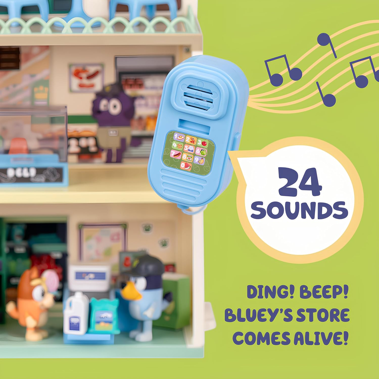 Bluey Supermarket Playset, 3 Different Levels with Exclusive Bluey and Bingo Figures. Includes Working Escalator, 24 Sounds and 15+ Play Pieces plus Fun Intercom, over 40Cm (15") Tall. image number 4