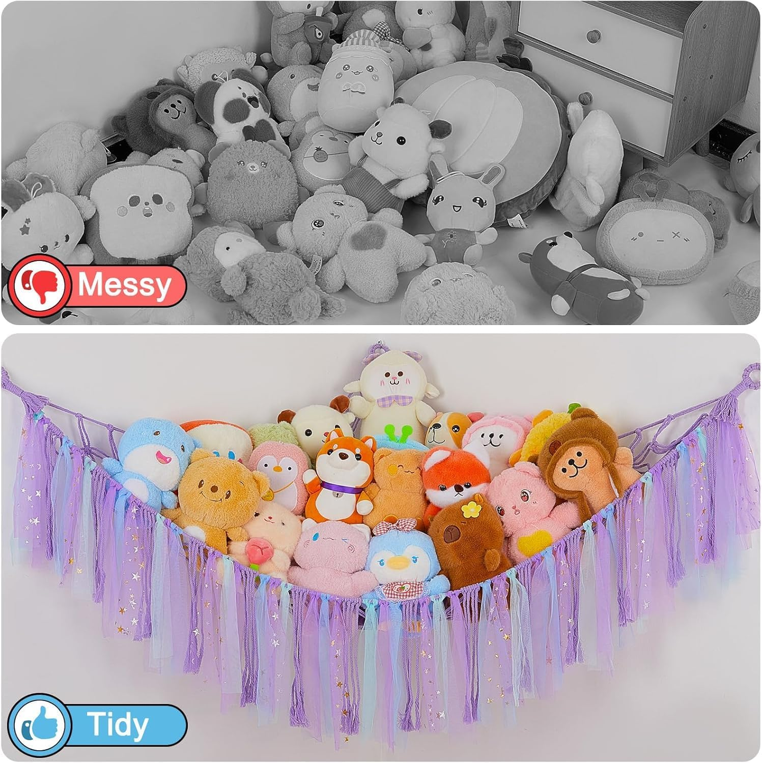 Stuffed Animals Toy Hammock Net, Kids Toy Storage with LED Light Hooks, Stuffed Animals Holder for Soft Bears Toys, Corner Hanging Toy Organizer Storage for Nursery Kids Bedroom Decor(Purple) image number 1