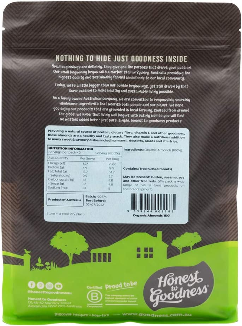 Honest to Goodness Organic Almonds Raw, 1 Kg