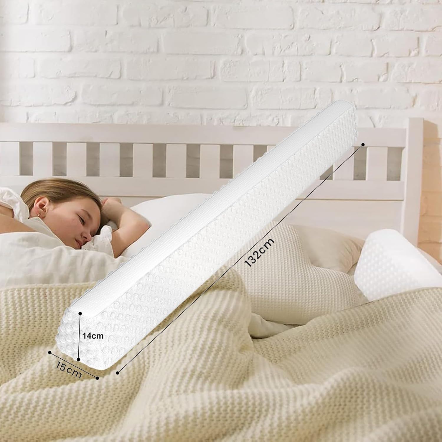 Long Pillow for Toddlers Foam Bed Guard Rail for Kids Crib Rails for Queen, King, Twin, Full-Size Bed with Non-Slip Machine Washable Cover White, 2 Pack image number 1