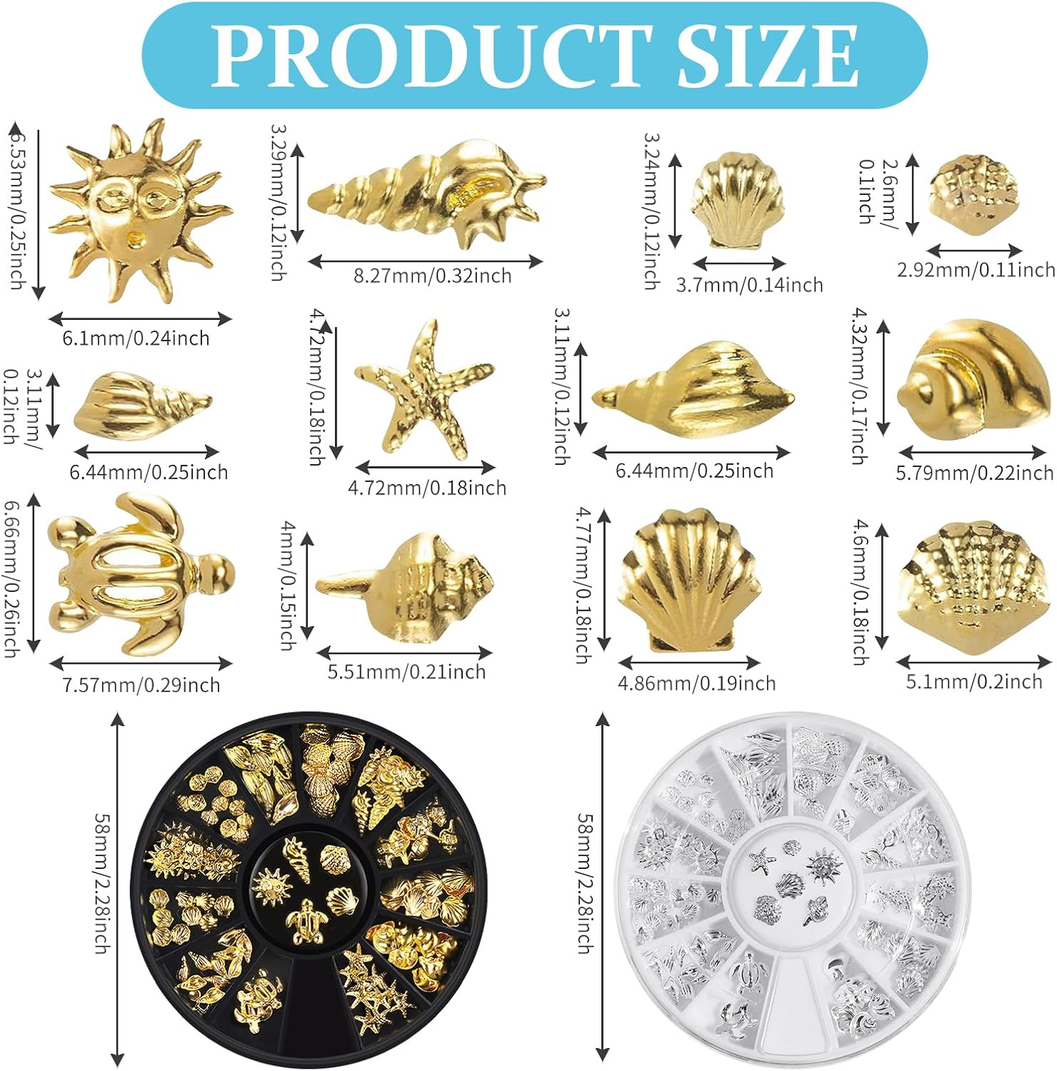 2 Boxes 3D Nail Charms, Ocean Nail Gems for Nail Art with Storage Box, Metal Star Starfish Shell 12 Grid Mixed Sizes Nail Art Decor Summer Beach Fingernail Decorations for Women Girls