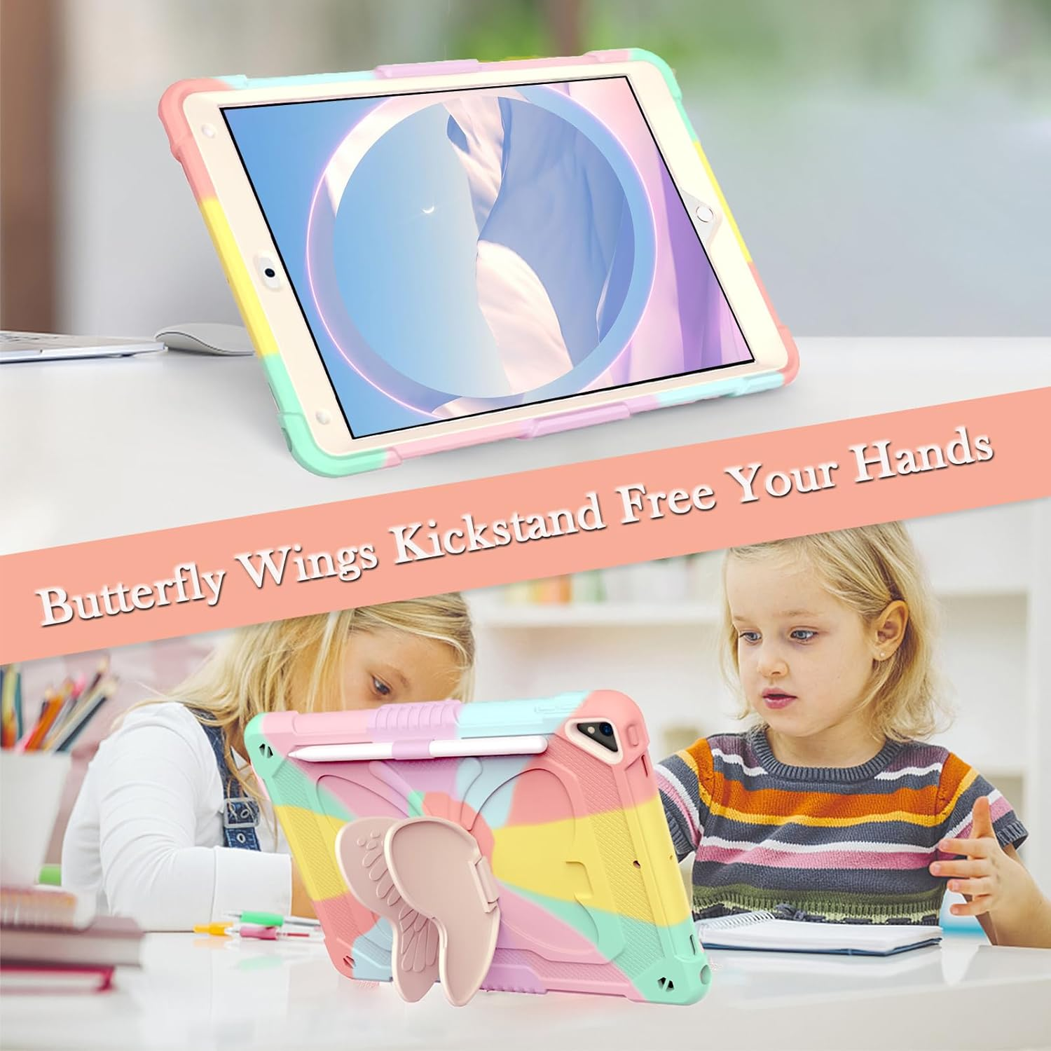 ROUMAYMAY for Ipad 9Th 8Th 7Th Generation Case Kickstand Butterfly Wings, for Ipad 10.2 Case (2021/2020/2019) for Ipad Air 3 10.5 Pencil Holder Shockproof Protective Cover Kids Girls, Colorful Pink image number 1