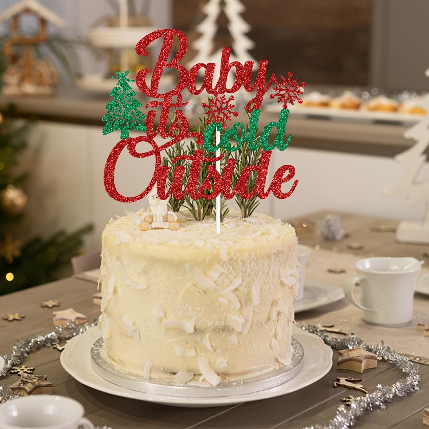 Red Glitter Baby It'S Cold outside Cake Topper, a Little Snowflake Is on the Way/Oh Deer He Is Almost Here, Winter Christmas Themed Baby Shower Party Decorations Supplies image number 1