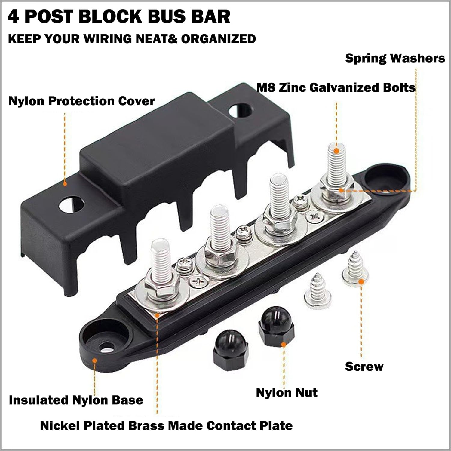 12V Bus Bar, 4X 5/16"(M8) Studs Power Distribution Block, Screws Terminal Block, 250A Marine Copper Battery Busbar for Boat, Automotive and Solar Wiring image number 1