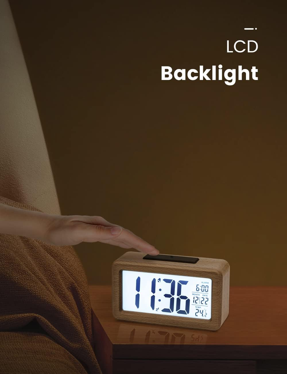 Aboveclock Digital Alarm Clock, Wooden Bedside Clock with Large LCD Backlit Display, Temperature, Snooze Function, Brightness Sensor, 3 AAA Battery Operated【Battery NOT Included】 image number 1
